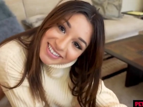 Tiny stepsis caught masturbating, now she's subject to her well-endowed stepbro's advances