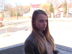 Young woman picked up from bus station and performs oral sex on two men