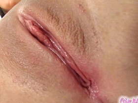 Savor the intimate view of young, natural and shaved Pink Collen's petite pleasure center