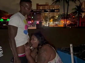 Honey the voluptuous ebony Amazon indulges in gagging on a BBC during a late-night beach blowjob.