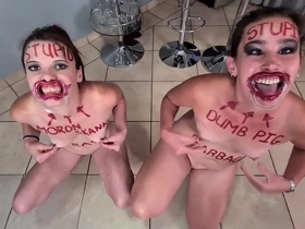 Two foolish women engaging in degrading acts of self-humiliation and mutual disrespect