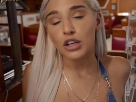 Lucky waiter gets to watch busty babe give a blowjob before bathroom sex
